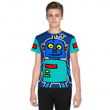 All-Over Blue Android Robot Cartoon Cute Modern Print T-Shirt